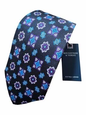 Roundtree & Yorke Black Tie Extra Long Blue and Purple Geometric Motifs